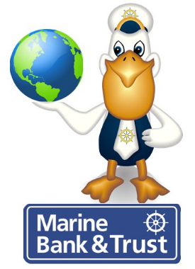 Marine Bank & Trust Mascot Mariner Pete standing on top of the Marine Bank logo